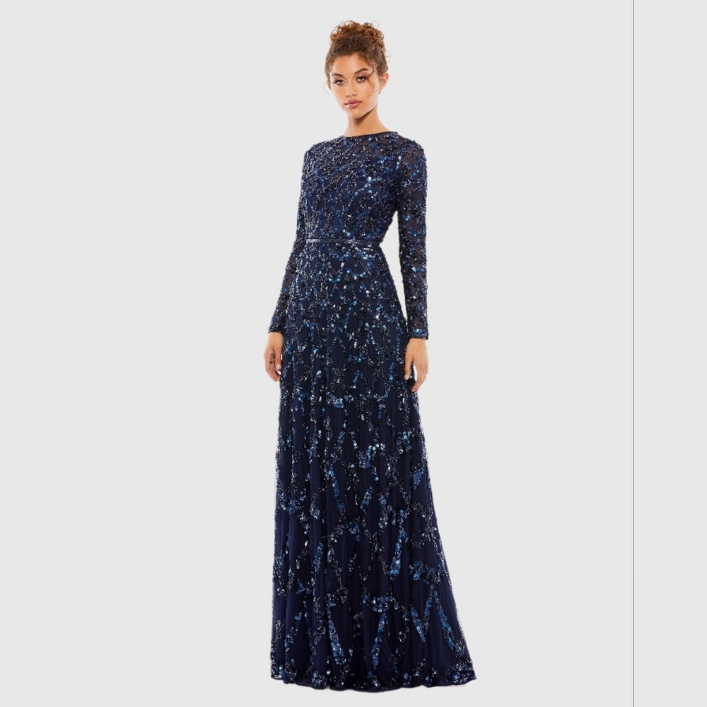 Mac Duggal 5496 Midnight Navy Embellished Illusion Long Sleeve A Line Gown